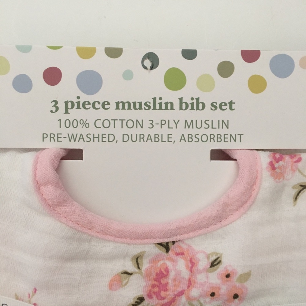 NEW Cotton Muslin Bib Set of 3 Floral Pink Print | Little Me - Picture 3 of 8